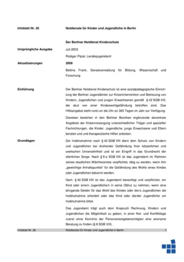 Infoblatt 26: Notdienste für Kinder und Jugendliche in Berlin