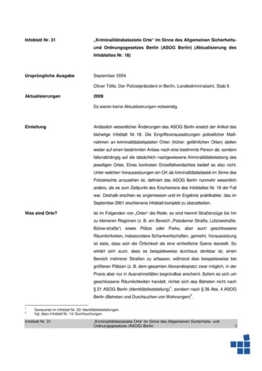 Infoblatt 31: Sonderausgabe (Aktualisierung des Infoblattes 18) – Kriminalitätsbelastete Orte im Sinne des Allgemeinen Sicherheits- und Ordnungsgesetzes (ASOG) Berlin