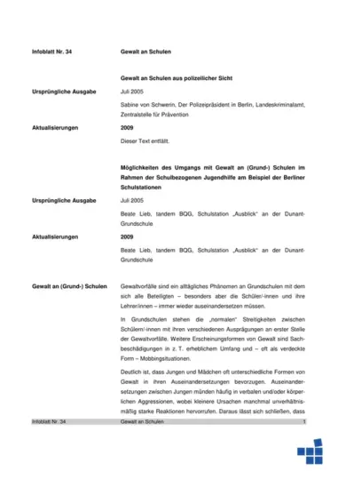Infoblatt 34: Umgang mit Gewalt an Schulen in Berlin