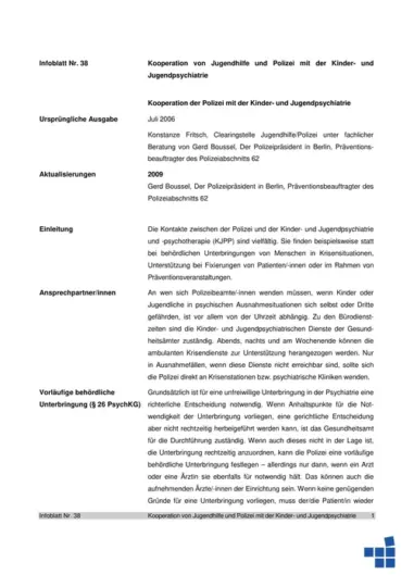 Infoblatt 38: Kooperation von Jugendhilfe und Polizei mit der Kinder- und Jugendpsychiatrie